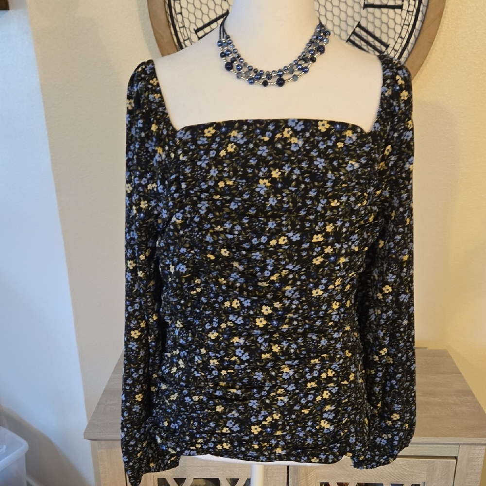 Blue Floral Long Sleeve Top With Ruching Bodice NWT
